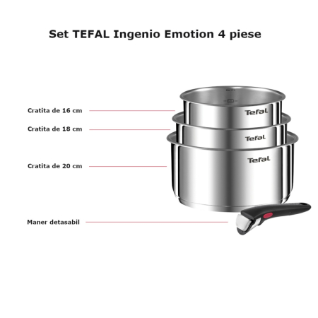 Set 4 piese Tefal Ingenio Emotion L8964S55, oale de 16 / 18 / 20 cm, maner detasabil rezistent, inductie, argintiu [1]