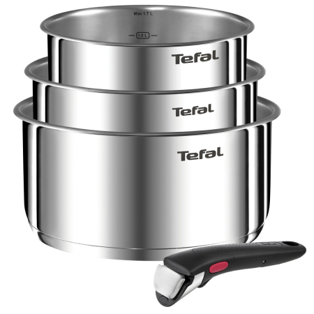 Vase & ustensile pentru gatit - Set 4 piese Tefal Ingenio Emotion L8964S55, oale de 16 / 18 / 20 cm, maner detasabil rezistent, inductie, argintiu