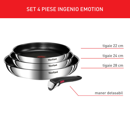 Set 4 piese Tefal Ingenio Emotion L897S455, tigaie de 22/24/28 cm, maner detasabil, invelis antiaderent, Thermo-Signal, inductie, argintiu [1]