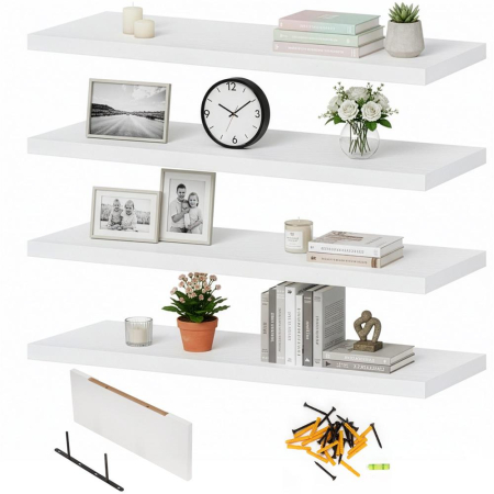 Set 4 rafturi supendate de perete, MDF cu suport metalic ingropat, 40x15 cm, alb [5]