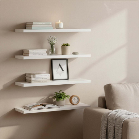 Set 4 rafturi supendate de perete, MDF cu suport metalic ingropat, 40x15 cm, alb [1]