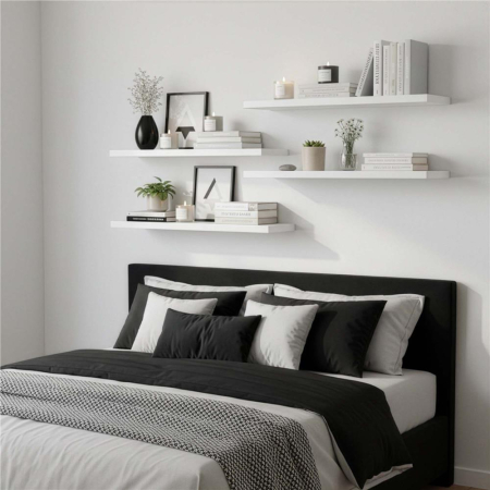 Set 4 rafturi supendate de perete, MDF cu suport metalic ingropat, 40x15 cm, alb [2]
