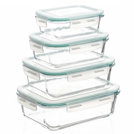 Bucatarie - Set 4 recipiente din sticla termorezistenta, cu capac etans, BPA free, 350ml / 600ml / 1000ml / 1450ml , transparent