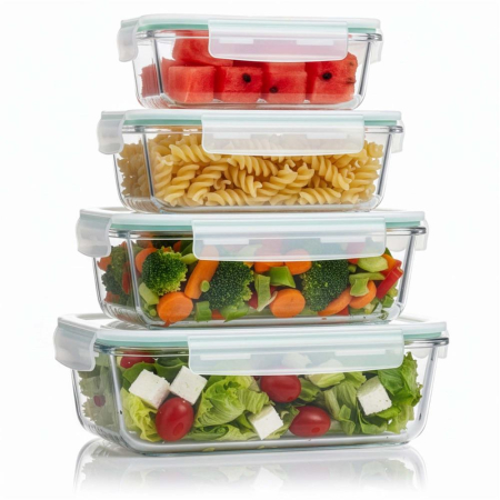 Set 4 recipiente din sticla termorezistenta, cu capac etans, BPA free, 350ml / 600ml / 1000ml / 1450ml , transparent [2]
