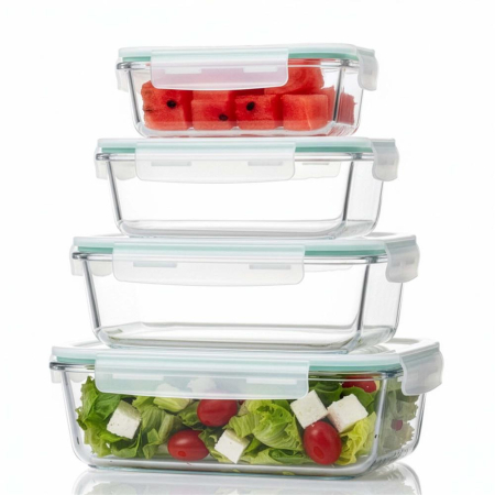 Set 4 recipiente din sticla termorezistenta, cu capac etans, BPA free, 350ml / 600ml / 1000ml / 1450ml , transparent [3]