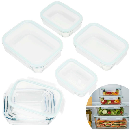 Set 4 recipiente din sticla termorezistenta, cu capac etans, BPA free, 350ml / 600ml / 1000ml / 1450ml , transparent [6]