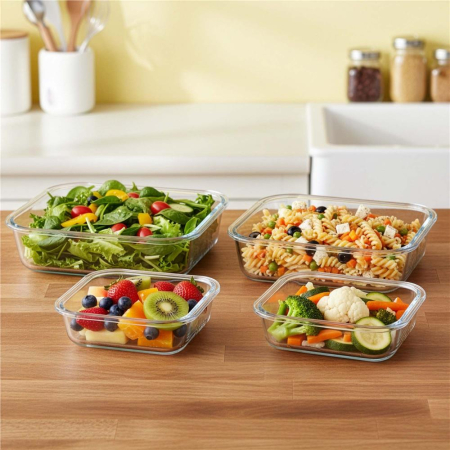 Set 4 recipiente din sticla termorezistenta, cu capac etans, BPA free, 350ml / 600ml / 1000ml / 1450ml , transparent [7]