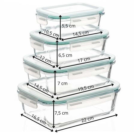 Set 4 recipiente din sticla termorezistenta, cu capac etans, BPA free, 350ml / 600ml / 1000ml / 1450ml , transparent [15]
