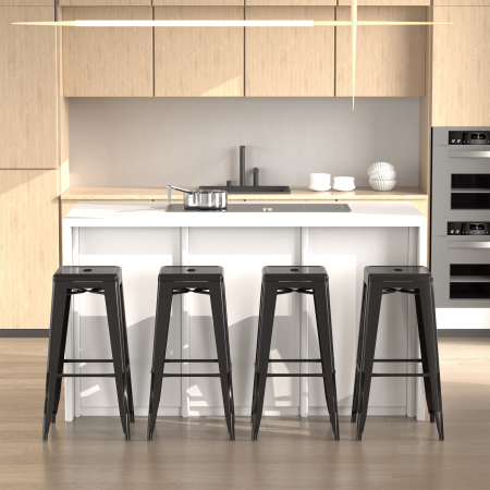  Set 4 Scaune de Bar din Metal cu Suport pentru Picioare pentru Interior si Exterior, 43x43x76 cm, Negru [1]