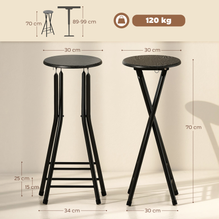  Set 4 Scaune de Bar Pliabile cu Suport dublu pentru Picioare, din Lemn si Otel, 34x30x70 cm, Negru [2]