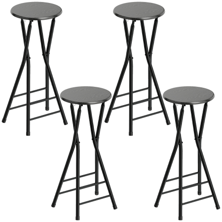 Bucatarie -  Set 4 Scaune de Bar Pliabile cu Suport dublu pentru Picioare, din Lemn si Otel, 34x30x70 cm, Negru