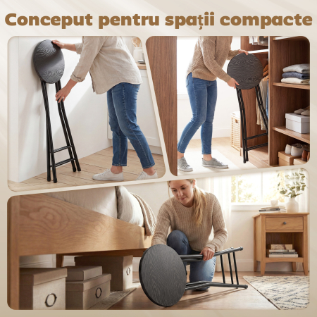  Set 4 Scaune de Bar Pliabile cu Suport dublu pentru Picioare, din Lemn si Otel, 34x30x70 cm, Negru [3]