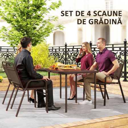  Set 4 Scaune de Exterior Stivuibile cu Spatar inalt si Brate, din Otel si PP, 56x66x91 cm, Maro inchis [3]