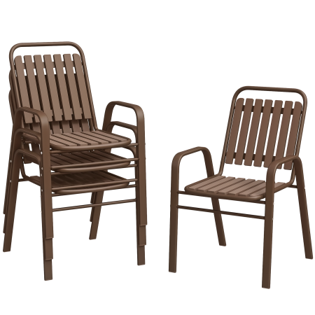 Gradina & balcon -  Set 4 Scaune de Exterior Stivuibile cu Spatar inalt si Brate, din Otel si PP, 56x66x91 cm, Maro inchis