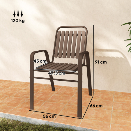  Set 4 Scaune de Exterior Stivuibile cu Spatar inalt si Brate, din Otel si PP, 56x66x91 cm, Maro inchis [2]