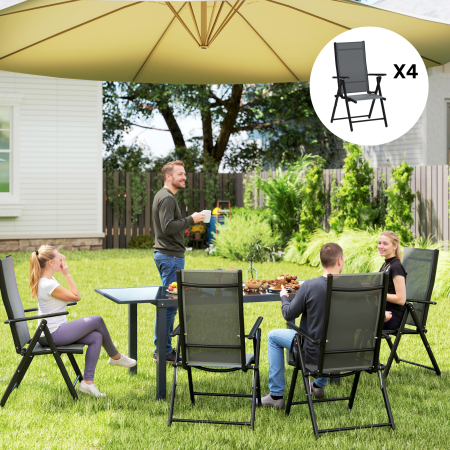  Set 4 Scaune de Gradina Pliabile si Respirabile cu Brate, din Otel si Poliester, 56x69x106 cm, Gri [1]