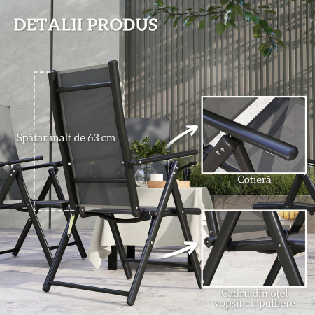  Set 4 Scaune de Gradina Pliabile si Respirabile cu Brate, din Otel si Poliester, 56x69x106 cm, Gri [5]