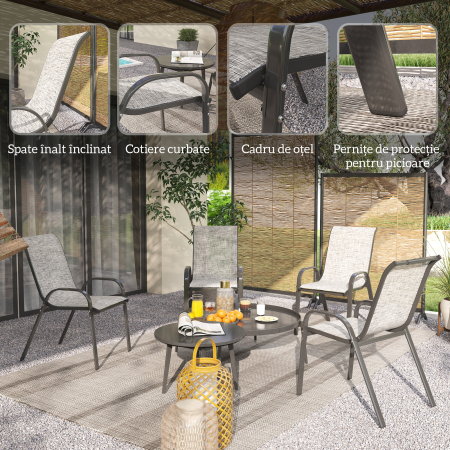  Set 4 Scaune de Gradina Stivuibile cu Brate Curbate, din Otel si Material Respirabil, 54x71x93 cm, Gri [5]