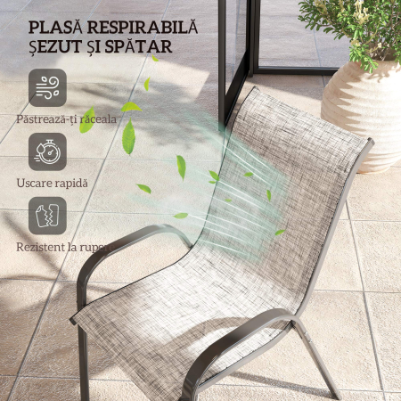 Set 4 Scaune de Gradina Stivuibile cu Brate Curbate, din Otel si Material Respirabil, 54x71x93 cm, Gri [4]