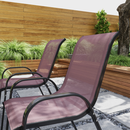 Set 4 Scaune de Gradina Stivuibile cu Brate Curbate, din Otel si Material Respirabil, 54x71x93 cm, Maro [6]