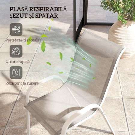  Set 4 Scaune de Gradina Stivuibile cu Brate Curbate, din Otel si tesatura Respirabila, 54x71x93 cm, Gri Alb [4]