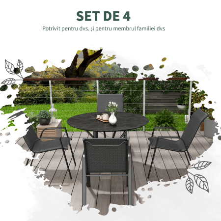  Set 4 Scaune de Gradina Stivuibile cu Manere din Ratan PE si Otel, Gri [3]