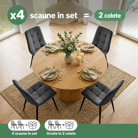 Set 4 scaune dining tapitate Nero din catifea, sezut matlasat, picioare metalice, 46x44x87 cm, maxim 130 kg, grafit inchis [2]