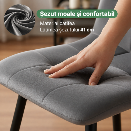 Set 4 scaune dining tapitate Nero din catifea, sezut matlasat, picioare metalice, 46x44x87 cm, maxim 130 kg, grafit inchis [4]