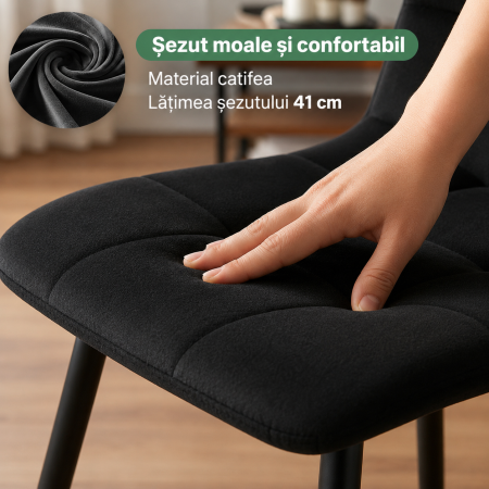 Set 4 scaune dining tapitate Nero din catifea, sezut matlasat, picioare metalice, 46x44x87 cm, maxim 130 kg, negru [5]