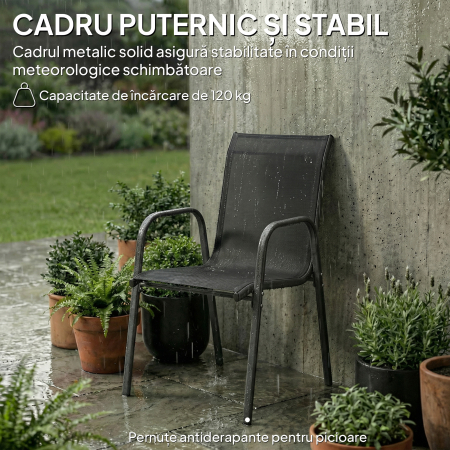  Set 4 Scaune Empilabile si Respirabile cu Spatar inalt si Cotiere, din Metal si Poliester, 51L x 69P x 87i cm, Negru [7]