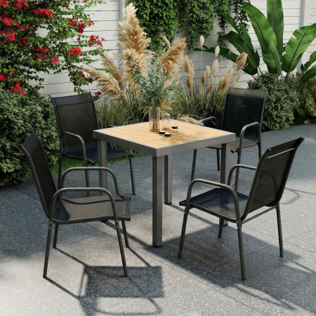  Set 4 Scaune Empilabile si Respirabile cu Spatar inalt si Cotiere, din Metal si Poliester, 51L x 69P x 87i cm, Negru [1]