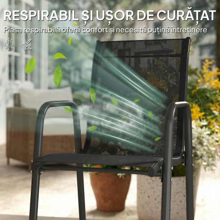 Set 4 Scaune Empilabile si Respirabile cu Spatar inalt si Cotiere, din Metal si Poliester, 51L x 69P x 87i cm, Negru [6]