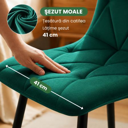 Set 4 scaune tapitate din catifea Milo, sezut matlasat, picioare metalice, 46x44x87 cm, maxim 130 kg, verde [4]