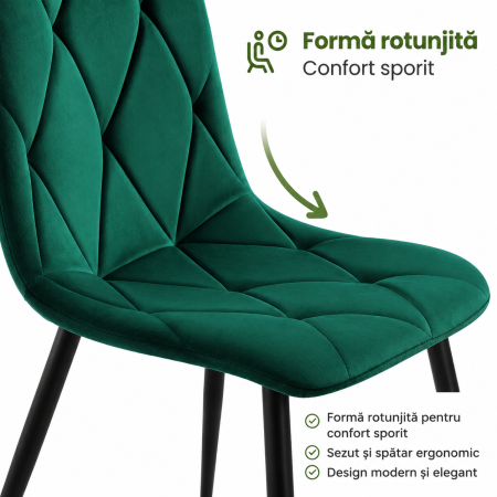 Set 4 scaune tapitate din catifea Milo, sezut matlasat, picioare metalice, 46x44x87 cm, maxim 130 kg, verde [6]