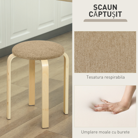  Set 4 Taburete Stivuibile si Captusite cu tesatura si Picioare din Lemn, Kaki [4]