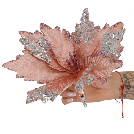 Set 5 ornamente pentru bradul de Craciun, stea Poinsettia, 26cm, roz argintiu [6]