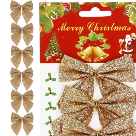 Set 6 ornamente pentru bradul de Craciun, fundita, 8cm, auriu [1]
