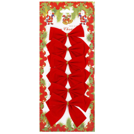 Set 6 ornamente pentru bradul de Craciun, fundita, 8cm, rosu [1]