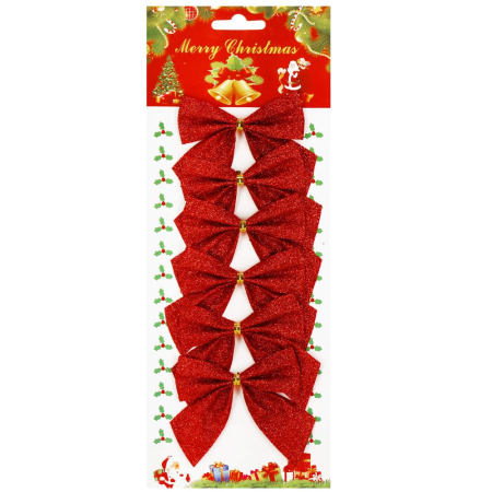 Set 6 ornamente pentru bradul de Craciun, fundita, 8cm, rosu cu sclipici [2]