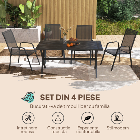  Set 6 Piese Scaune de Gradina cu Cotiere, Scaune de Exterior Stivuibile din Metal si Tesatura Respirabila, Maro [3]