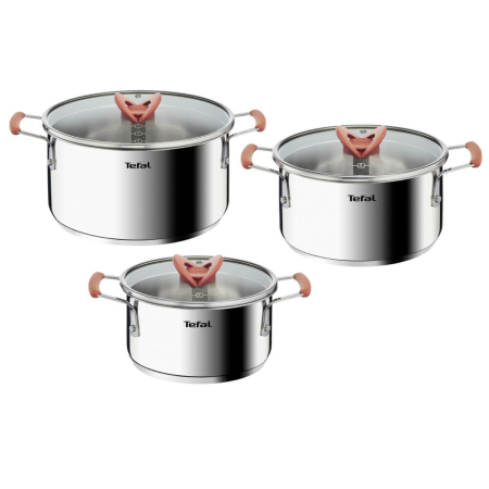 Vase & ustensile pentru gatit - Set 6 piese Tefal Opti'Space G720S674, cratita 18 cm, oala 20/24 cm, 3 capace de sticla, otel inoxidabil, manere anti-alunecare, inductie