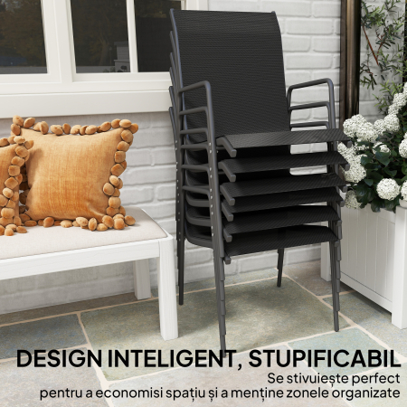  Set 6 Scaune Empilabile si Respirabile cu Cotiere si Spatar inalt, din Metal si Poliester, 51L x 69A x 87i cm, Negru [5]