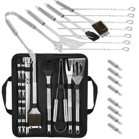 Set accesorii gratar inox 20 piese cu furculita spatula cleste perie, rezistente la caldura, husa transport inclusa [27]
