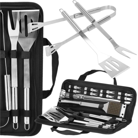 Set accesorii gratar inox 20 piese cu furculita spatula cleste perie, rezistente la caldura, husa transport inclusa [25]