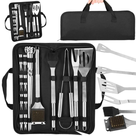 Set accesorii gratar inox 20 piese cu furculita spatula cleste perie, rezistente la caldura, husa transport inclusa [1]