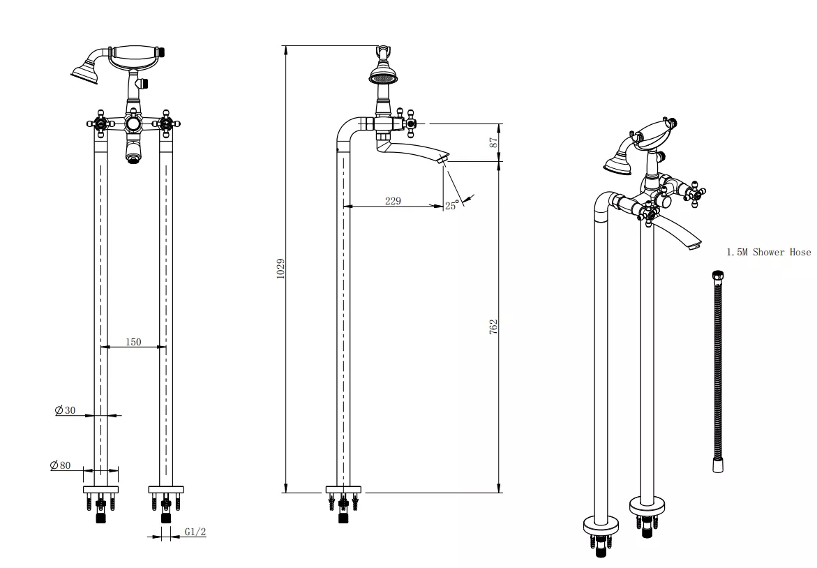 Set baterie cada FDesign Lacrima FD1-LRA-11F-66, 1/2'', retro, montare pe podea, diverter, 1 pulverizare, set de dus, mat, bronz [1]