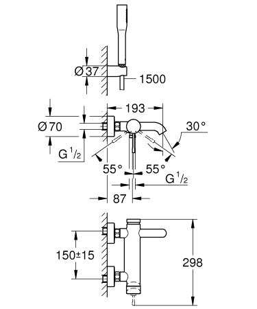 Set baterie cada Grohe 25249001, 1 bar, 36 mm, 1.5 m, 298 mm, 193 mm, 2 orificii instalare, 1 functii para dus, Crom [1]