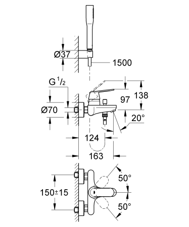 Set baterie cada Grohe 32832000, 124 mm, 1 bar, 65 mm, 1.5 m, 210 mm, 163 mm, 39 mm, 2 orificii instalare, Crom [2]