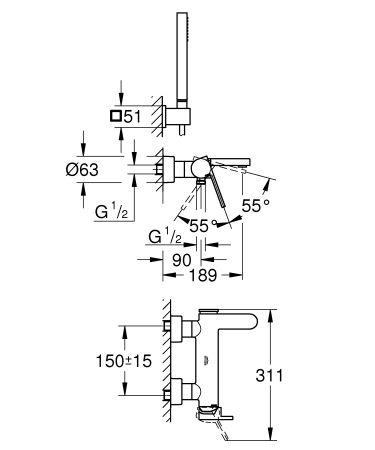 Set baterie cada Grohe 33547003, 1 bar, 66 mm, 1.5 m, 189 mm, 89 mm, 2 orificii instalare, 1 functii para dus, Crom [4]