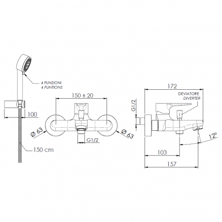 Set baterie cada si dus Remer Rubinetterie, monocomanda, 4 tipuri de jeturi, Cromat [2]